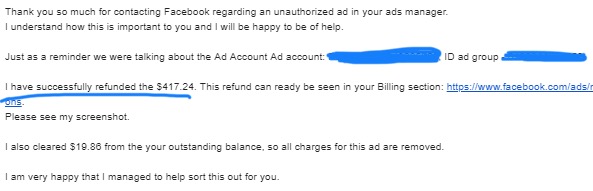 возврат денег реклама facebook